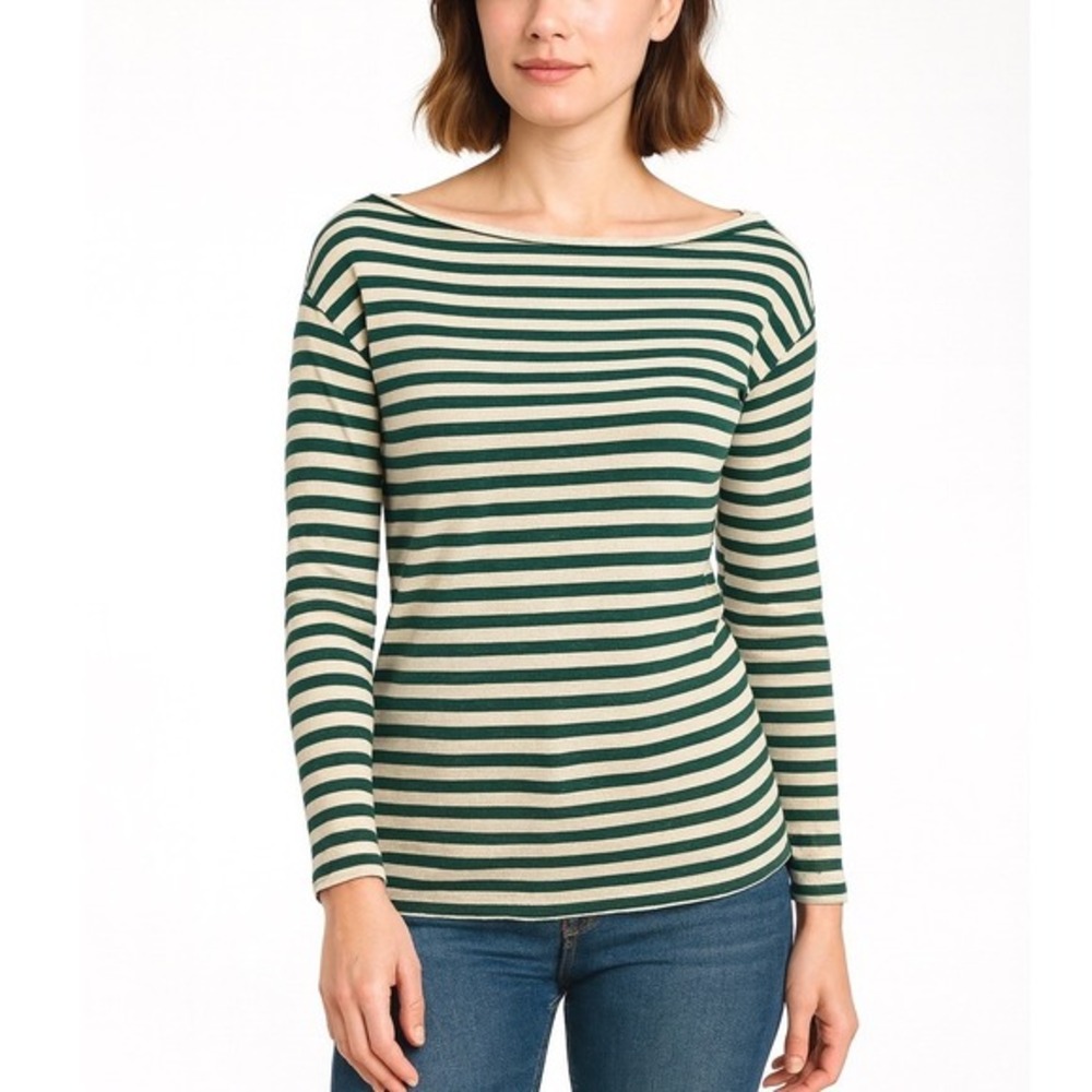 LOFT Striped Boat Neck Long Sleeve Top Teal Cream Cotton XS Nautical Knit 56-28